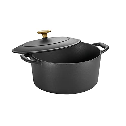 Tramontina Bestow Enameled Cast Iron Dutch Oven Pot with Lid, Round 5.5-quart, Matte Black with Gold Knob