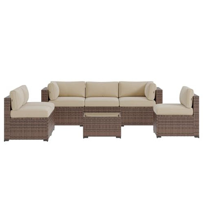 Aoxun Patio Furniture Sets, 7-Piece Outdoor Patio Furniture with Thick Cushions, Wicker Outdoor Conversation Set Sectional Sofa for Backyard, Poolside, Garden(Cream-Browm, 7 x 25.6 - Seats)