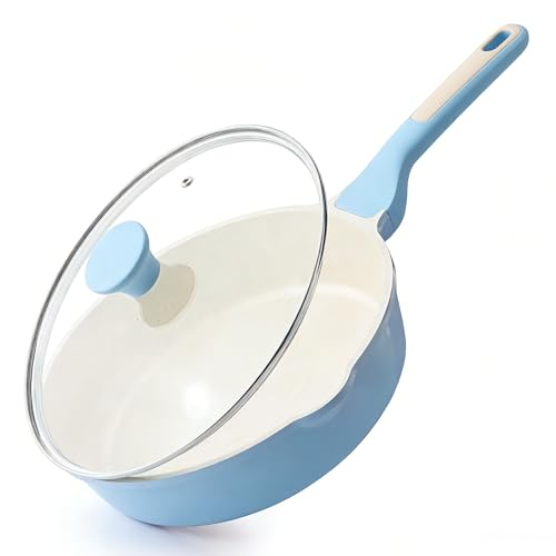 SENSARTE Nonstick Ceramic Saute Pan 10-inch, 3.5QT Nonstick Skillet, Non Toxic Deep Frying Pan with Lid, Stay-cool Handle, Healthy Cooking Pot, Induction Compatible, Blue