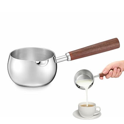 Mornajina 500ML 17oz Stainless Steel Milk Butter Warmer Pot, Mini Sauce Pot with Wooden Handle, Heating Milk, Melting Butter, Warming Sauces