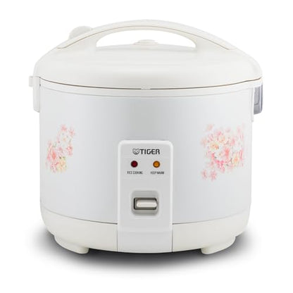 Tiger JNP-1800-LF 10 Cup Capacity White Rice Cooker with Non-Stick Inner Pot, Retractable Power Cord, and Keep Warm up to 12 hours (Flower)
