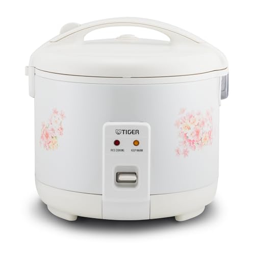 Tiger JNP-1800-LF 10 Cup Capacity White Rice Cooker with Non-Stick Inner Pot, Retractable Power Cord, and Keep Warm up to 12 hours (Flower)