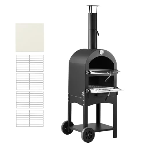 VEVOR Portable Outdoor Oven, 12-inch Stand Pizza Oven with Casters, Pellet & Chips & Charcoal & Firewood Four Fuel, Baked Paint Pizza Grill, Includes Pizza Stone, Pizza Shovel, for Camping & Backyard