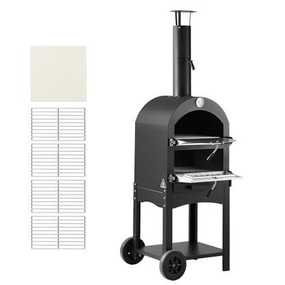 VEVOR Portable Outdoor Oven, 12-inch Stand Pizza Oven with Casters, Pellet & Chips & Charcoal & Firewood Four Fuel, Baked Paint Pizza Grill, Includes Pizza Stone, Pizza Shovel, for Camping & Backyard