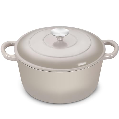 TeamFar Dutch Oven, 6QT Enameled Cast Iron Dutch Oven Cooking Pot with Lid & Dual Handles, for Bread Baking Braising Stewing, Heavy Duty & Non Stick, Oven & All Stovetops Safe - Khaki