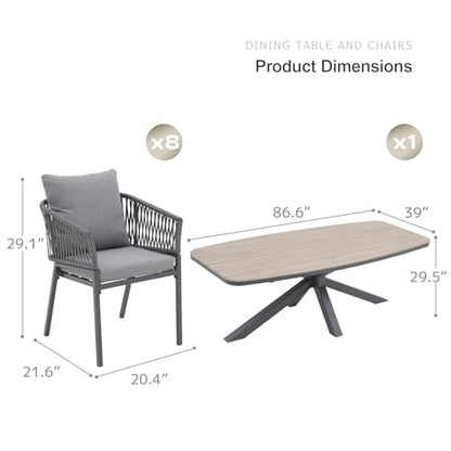 SUNSITT 9 Piece Outdoor Patio Dining Set, Patio Dining Furniture Set with 87” Aluminum Dining Table w/X Base Legs and 8 Woven Rope Outdoor Patio Chairs w/Curved Armrest for Garden, Dark Grey
