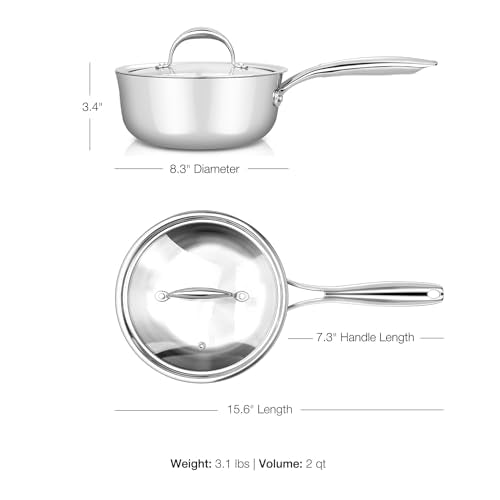 KEAWELL K3 Premium 2-Quart Tri-Ply Stainless Steel Saucepan with Lid, Induction & Oven Safe up to 600°F, Even Heating, Professional Cookware for All Stovetops (2-Qt)