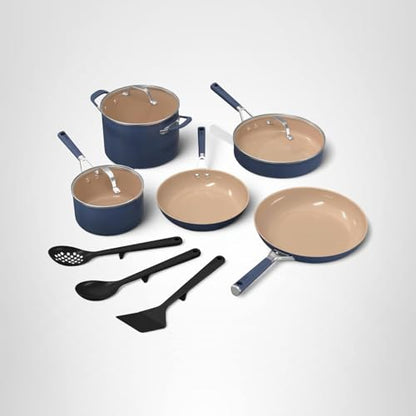 Ninja Ceramic Cookware Set, Extended Life 11-Piece Kitchen Cookware Sets with Comfort Grip, Nonstick Fry Pans, Pots, PTFE Free, Oven & Dishwasher Safe, Stovetop Compatible, Navy Blue, CW49011