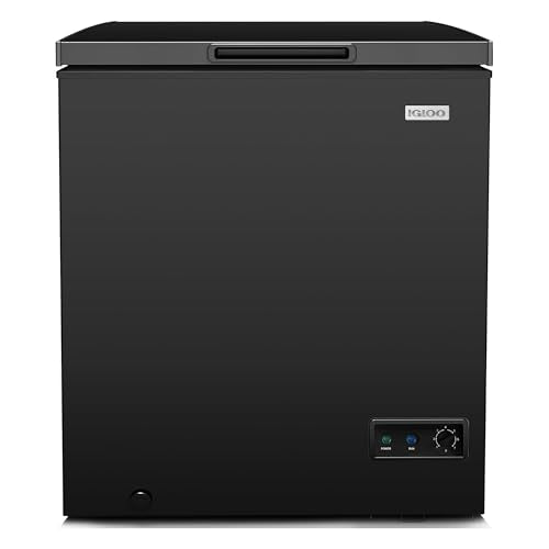 Igloo 5.0 Cu Ft. Upright Deep Freezer Chest- Deep Freezer with Quick Freezing System & Adjustable Thermostat- Low Noise Freezer with Removable Basket & LED Lights for Homes, Garages & Basements- Black