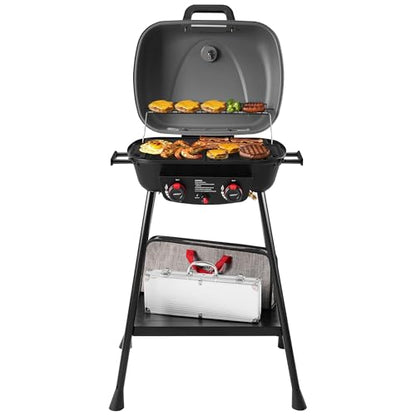 Royal Gourmet GT2003 Portable 2 Burner Propane Gas Grill with Stand and Warming Rack, 2-in-1 Grill Griddle Combo with 17,000 BTUs Output forCamping, Tailgating, Backyard, Gray