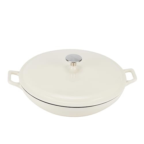 Amazon Basics Enameled Cast Iron - Covered Round Casserole Skillet with Lid, Oven Safe - 500°F, Even Heat Distribution, 3.3-Quart, White