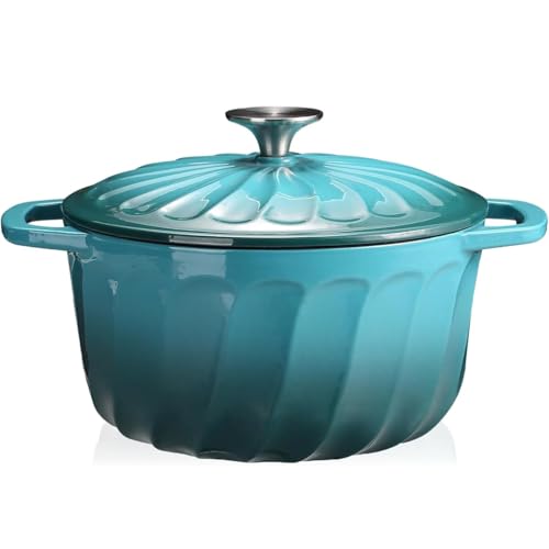 6 QT Enameled Cast Iron Dutch Oven with Lid, Non-Seasoning Enamel Coated Pot, 500°F Oven Safe, Dual Handles, Compatible with All Cooktops for Bread Baking, Braising & Stewing, White (BlueGreen, 6 QT)