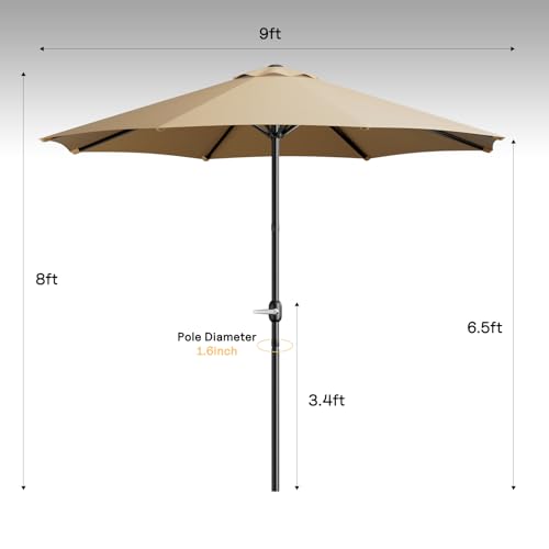 LEVELEVE 9FT Outdoor Patio Umbrella with Easy Crank - UV Resistant & Waterproof Market Umbrella with Ventilated Canopy, 8 Sturdy Ribs & Powder-Coated Frame for Garden, Deck, Backyard, Pool, Patio Table
