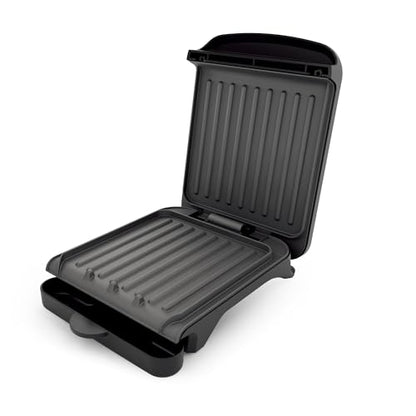 OVENTE 2-Serving Electric Indoor Grill & Panini Press with Easy Clean Non-Stick Plate Coating, Opens 90 Degrees, 10.7" x 7.7" Space Saving Design, 750W Contact Grill for Burgers & More, Black GP222B