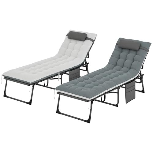 Outsunny Chaise Lounge Chair Outdoor Set of 2, 5-Position Adjustable Outdoor Pool Lounge Chairs, Folding Tanning Chair Beach Lounger with Cushion, Headrest, Side Pocket for Patio, Yard, Gray