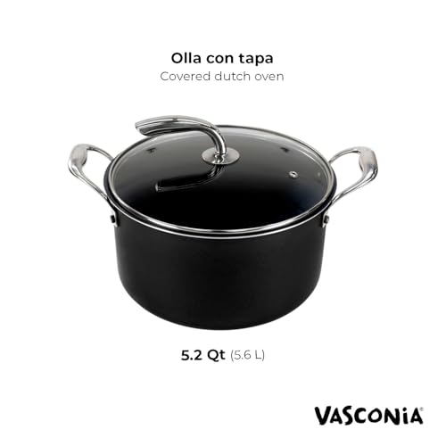 Vasconia Urban 6-QT Covered Soup Pot Set - Black Nonstick Dutch Oven for Baking, Roasting, and Stewing - Dishwasher and Oven Safe up to 475°F - Aluminum Kitchen Accessories with Fast Cooling Handles