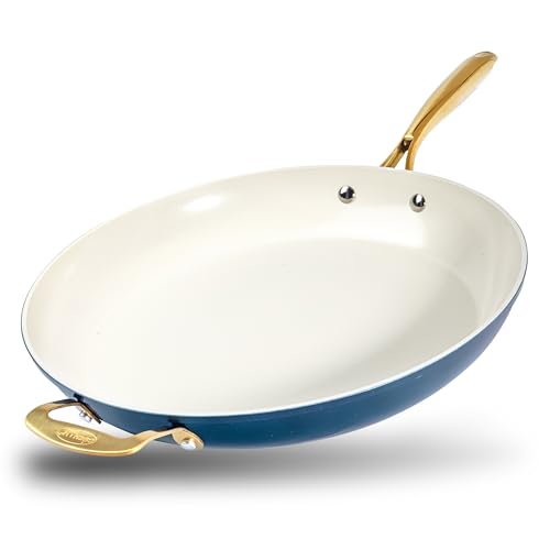 Gotham Steel 14 Inch Non Stick Frying Pans, Family Sized Non Stick Skillet, Large Frying Pan Nonstick Frying Pan, Induction Pan, Nonstick Pan for Cooking, Oven Safe Skillet, Dishwasher Safe–Cream Navy