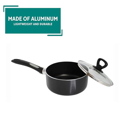 Mirro A79721 Get A Grip Aluminum Nonstick Sauce Pan with Glass Lid Cover Cookware, 1-Quart, Black -