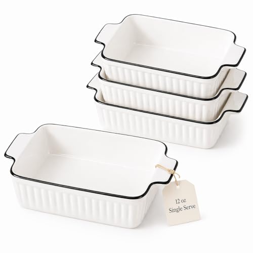 DLIM HOME 12 Oz Casserole Dish, Ceramic Baking Dishes Sets of 4, Small Casserole Dish with Handle, Porcelain Bakeware Sets, 5" Rectangular Baking Serving Dish for Casserole, Cakes, Dishwasher Oven Safe