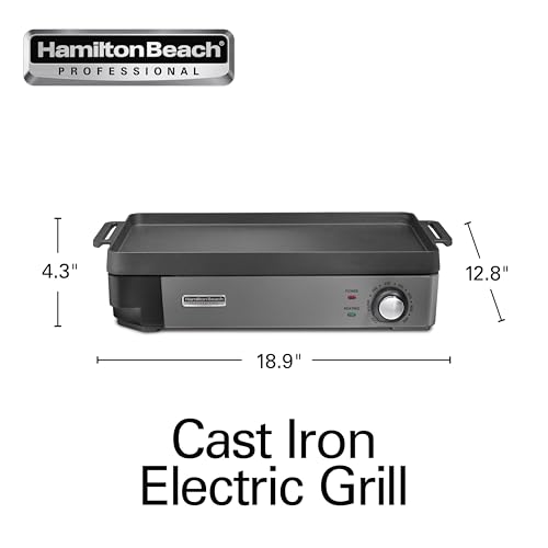 Hamilton Beach Professional Cast Iron Indoor Electric Grill & Griddle, 10" x 16" Preseasoned Cooking Surface, Adjustable Temperature up to 450° F, Black (38560)
