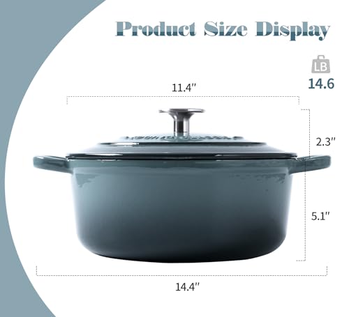 EDGING CASTING Enameled Cast Iron Round Dutch Oven with Lid Dual Handle Pot Bread Ovens, 7 Quart, Slateblue