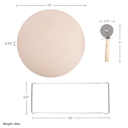 Pizza Stone - 15-Inch Pizza Stone for Oven or Grill with Cutter and Metal Serving Rack/Handles - Oven Accessories by Classic Cuisine