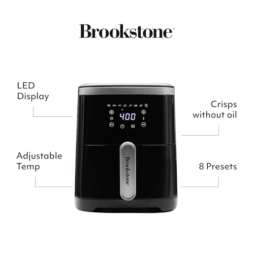 Brookstone Air Fryer – 4.5 Qt, 1300W Large Capacity Fryer with LED Display, 8 Presets, Adjustable Temp, Oil-Free Kitchen Appliance for Baking, Roasting, Frying, Healthy Crispy Meals, Black
