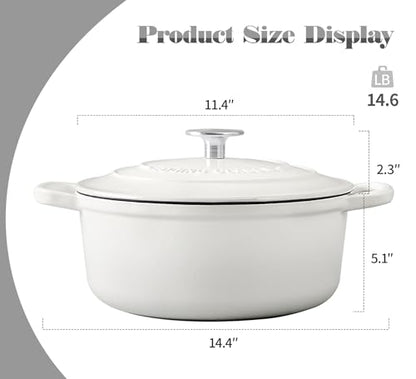 EDGING CASTING Cast Iron Dutch Oven With Lid Round Pot Enameled Covered for Bread Baking, 7 Quart, White