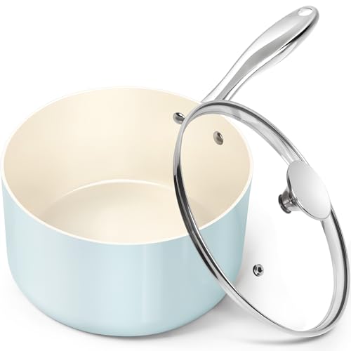 MICHELANGELO 3 Quart Saucepan with Lid - Non Toxic Sauce Pan with Nonstick Ceramic Coating, Scratch-Resistant, Induction Saucepan Suitable for All Stovetops, Light Blue