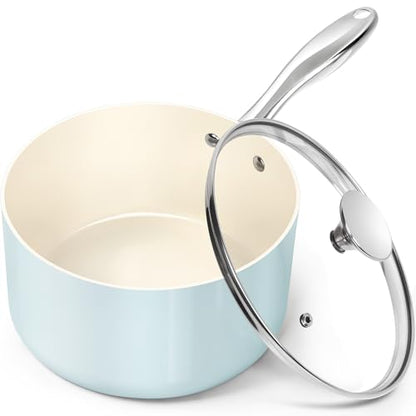 MICHELANGELO 3 Quart Saucepan with Lid - Non Toxic Sauce Pan with Nonstick Ceramic Coating, Scratch-Resistant, Induction Saucepan Suitable for All Stovetops, Light Blue