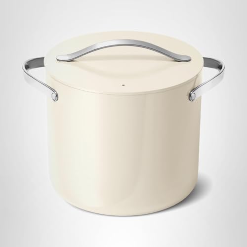 Caraway Stock Pot - 12 Qt Ceramic Coated With Lid - Free From Forever Chemicals - Large for Bigger Batches - Cream