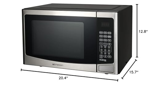 Emerson 1.2 Cu. Ft. Microwave Oven with Inverter, Timer & LED Display, 1000W, 10 Power Levels, 8 Pre-Programmed Settings, Removable Glass Turntable with Child Safe Lock, MWI1212SS, Stainless Steel