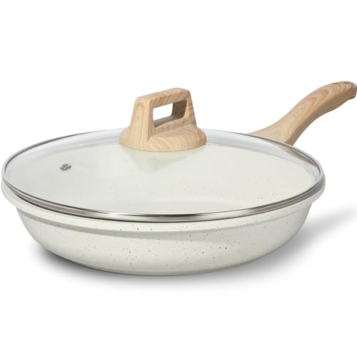 ESLITE LIFE Nonstick Ceramic Frying Pan Skillet with Lid, Non-Toxic Egg Omelette Kitchen Cooking Pans Compatible with All Stovetops (Gas, Electric & Induction), PTFE & PFOA Free (White, 8" w/Lid)
