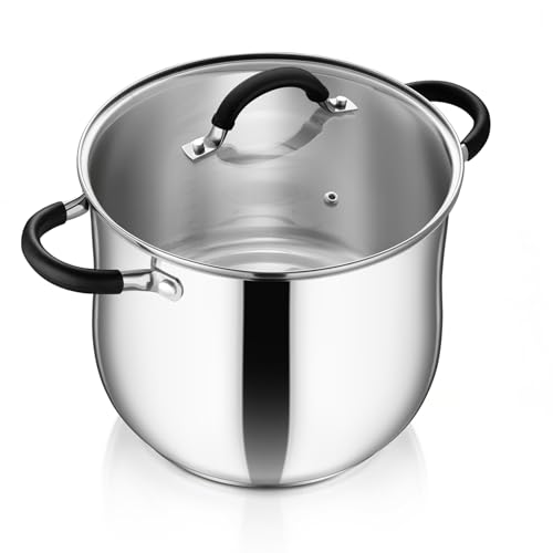 P&P CHEF Stainless Steel Stock Pot, 12 Qt Cooking Soup Pot with Visible Lid for Pasta, Tri-Ply Bottom & Dual Heatproof Handles, For Induction Gas All Stoves, Non-Toxic & Dishwasher Safe