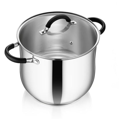 P&P CHEF Stainless Steel Stock Pot, 12 Qt Cooking Soup Pot with Visible Lid for Pasta, Tri-Ply Bottom & Dual Heatproof Handles, For Induction Gas All Stoves, Non-Toxic & Dishwasher Safe