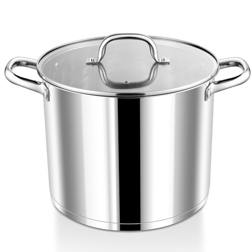 P&P CHEF 10 QT Stock Pot with Lid, Stainless Steel Large Cooking Pot, Soup Canning Stockpot for Stewing Simmering, Tri-ply Bottom for All Stoves, Heavy-Duty &Dishwasher Safe & Food-Grade