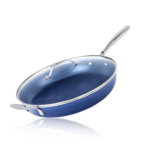 Granitestone 14 Inch Frying Pan with Lid, Non Stick Skillet for Cooking, Nonstick Diamond Coated Large Frying Pan, Family Sized, Oven & Dishwasher Safe Up to 500°F, 4.5 Qt Aluminum Skillet, Blue