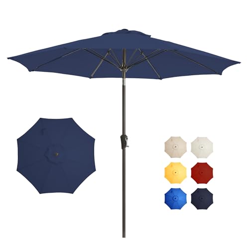 GREFORG 9FT Large Outdoor Patio Umbrella Pool Market Umbrella-UV Resistant, Easy Push Button Tilt and Crank, 8 Sturdy Ribs Heavy-Duty Table Umbrella for Deck, Backyard,Garden (Navy)