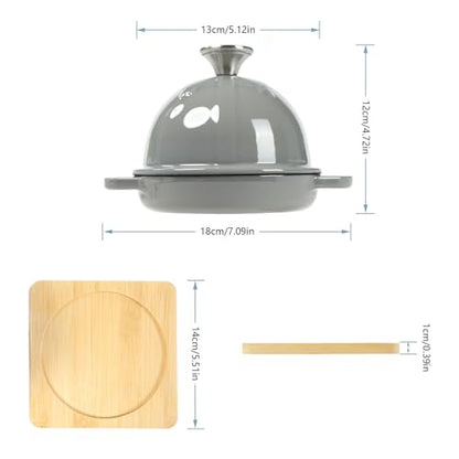 HAWOK Enameled Cast Iron Garlic Roaster with Bamboo Tray, 5-Inch, BBQ Grill Garlic Baker, Mini Cocotte, Set of 2, Grey