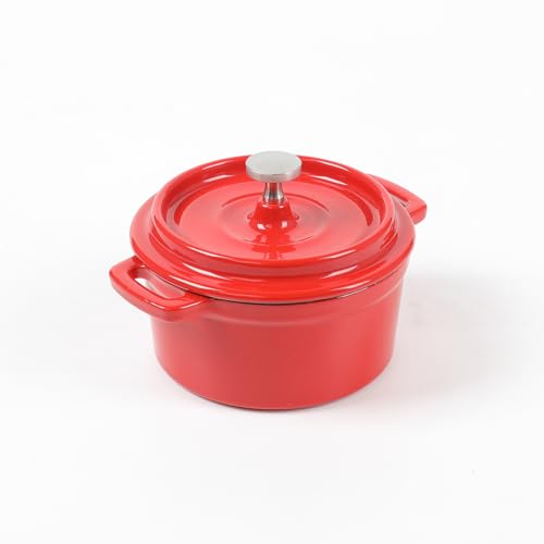 HAWOK Enameled Cast Iron Mini Cocotte Sauce pan with Lid 270ml/9.13oz/1.08cups Mini Dutch Oven Red Set of 2