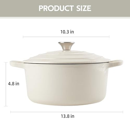 6 Quart Dutch Oven Enameled Cast Iron with Lid - Big Dual Handles - Oven Safe up to 500°F - Classic Round Pot for Versatile Cooking Cream