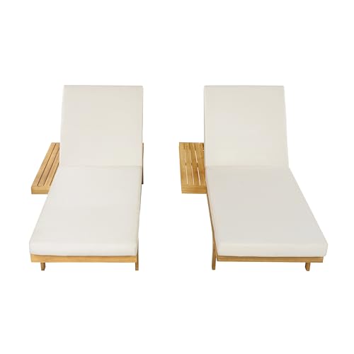 Christopher Knight Home Acacia Wood Chaise Lounge Chair Set of 2, Double/Single Outdoor Sunbathing Pool Lounger with 4'' Cushion, Patio Wooden Adjustable Backrest Lounge Sofa, Teak+Cream