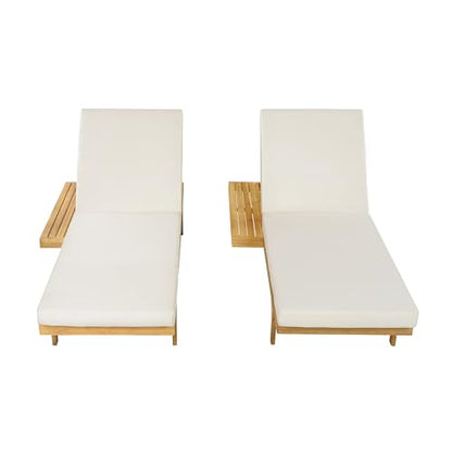 Christopher Knight Home Acacia Wood Chaise Lounge Chair Set of 2, Double/Single Outdoor Sunbathing Pool Lounger with 4'' Cushion, Patio Wooden Adjustable Backrest Lounge Sofa, Teak+Cream