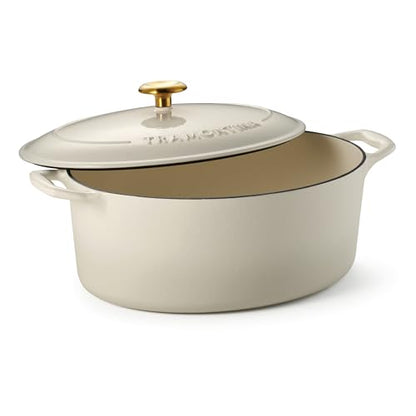 Tramontina Bestow Enameled Cast Iron Oval Dutch Oven Pot with Lid, Large 7-quart, Latte (Gold Knob)