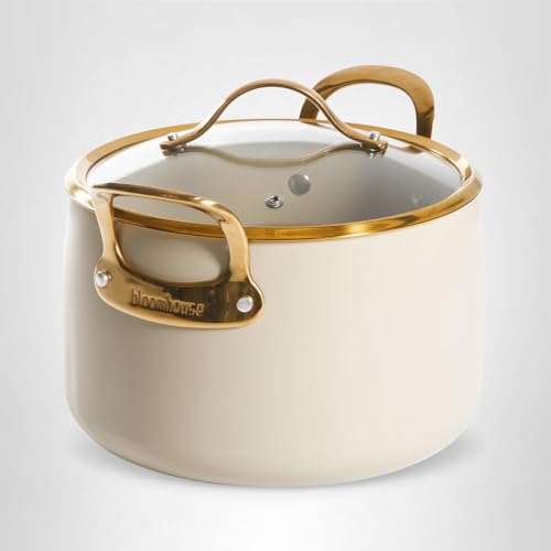 Bloomhouse - Two Time Oprah's Favorite Things Winner - 8 Quart Heavy Duty Aluminum Premium PFA Free Ceramic Nonstick Dutch Oven Pot with Lid - Almond Cream w/Gold Handle