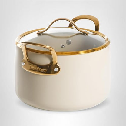 Bloomhouse - Two Time Oprah's Favorite Things Winner - 8 Quart Heavy Duty Aluminum Premium PFA Free Ceramic Nonstick Dutch Oven Pot with Lid - Almond Cream w/Gold Handle