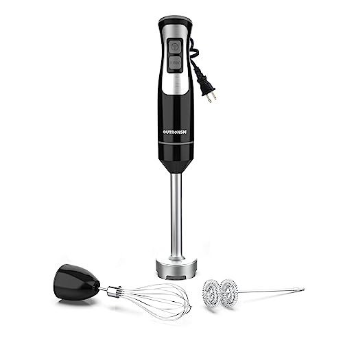 Immersion Blender Handheld, OUTRONSM Hand Blender with 4-point thickened SS blades, Milk Frother, Egg Whisk for Coffee Milk Foam, Puree Baby Food, Smoothies, Sauces and Soups – Black