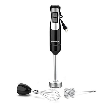 Immersion Blender Handheld, OUTRONSM Hand Blender with 4-point thickened SS blades, Milk Frother, Egg Whisk for Coffee Milk Foam, Puree Baby Food, Smoothies, Sauces and Soups – Black