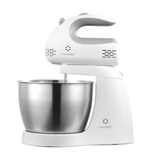Max Life ML-6638 Electric Stand Mixer, 150W, 5 Speeds, 3.2-Quart Rotating Stainless Steel Bowl, 2 Beaters & 2 Dough Hooks, White