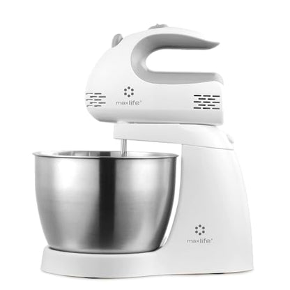 Max Life ML-6638 Electric Stand Mixer, 150W, 5 Speeds, 3.2-Quart Rotating Stainless Steel Bowl, 2 Beaters & 2 Dough Hooks, White
